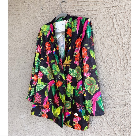 SOLD 💛 MANGO Tropical Parrot Butterfly Floral Oversized Satin Blazer XS - Picture 5 of 15
